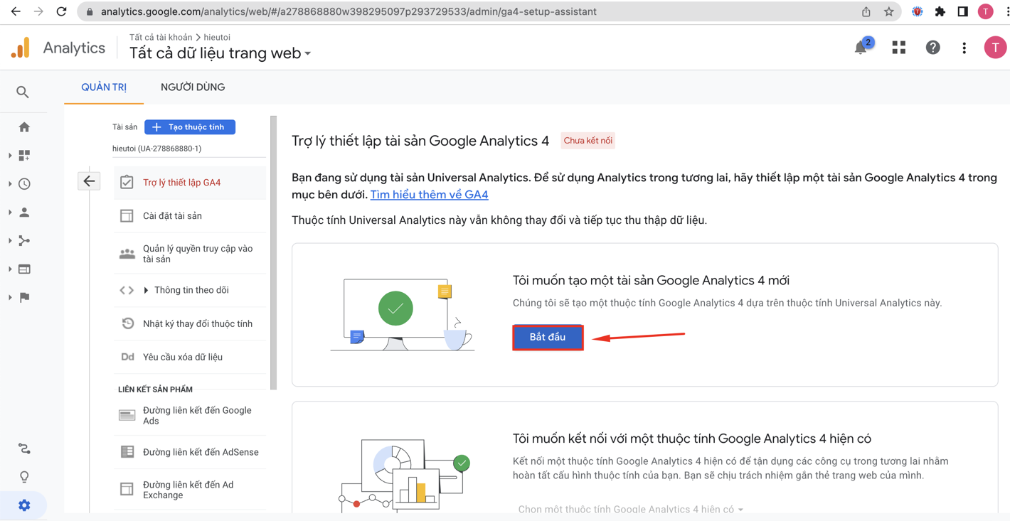 chọn Get Started dưới section I want to create a new Google Analytics 4 property
