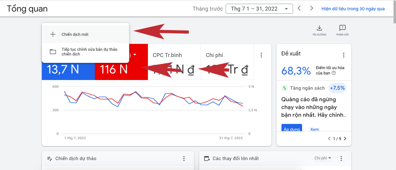 Vào tài khoản Google Ads và tạo chiến dịch