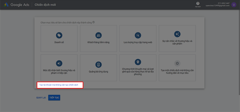 chọn Tạo tài khoản mà không cần tạo chiến dịch 