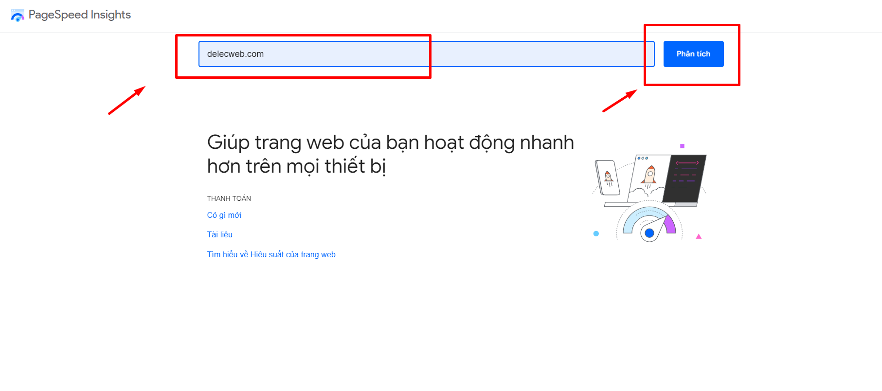 Nhập URL vào Google PageSpeed Insights để phân tích