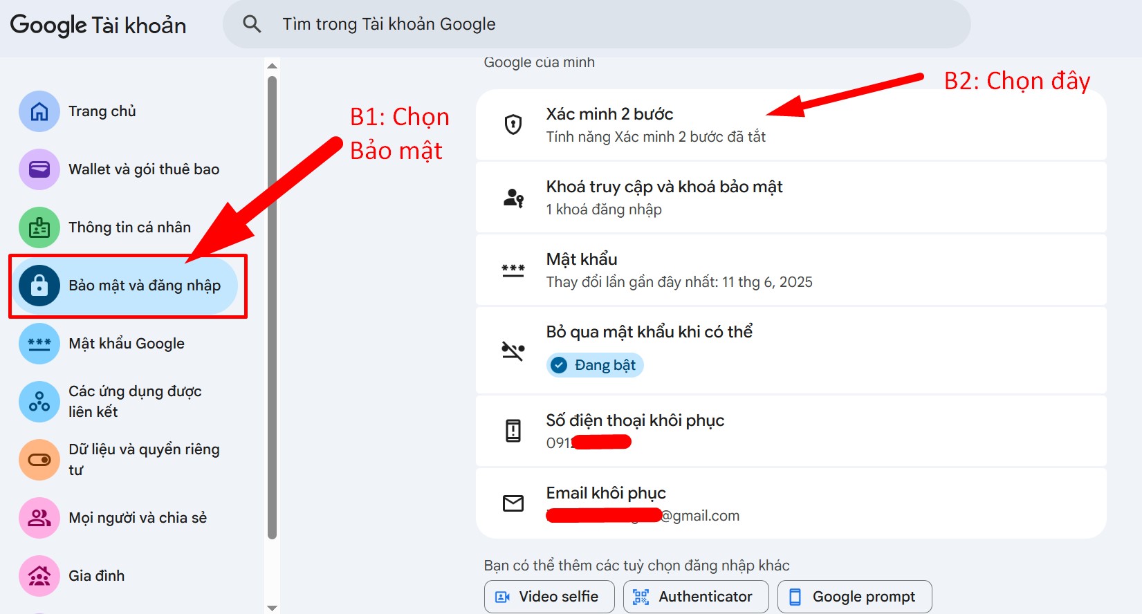 Giao diện trang Google > Bảo mật