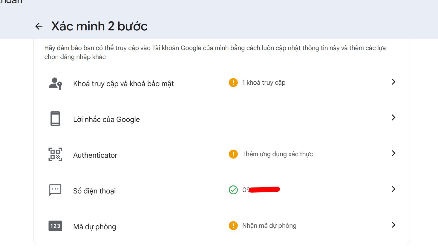 Xác minh các bước bảo mật google