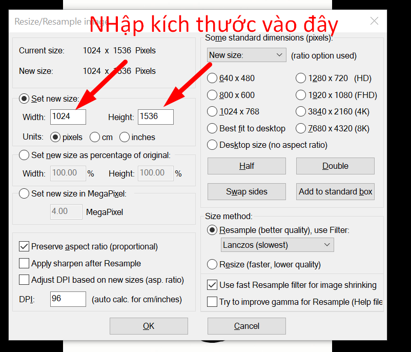 Form nhập kích thước mong muốn
